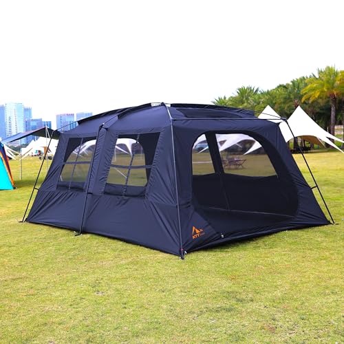 KTT Extra Large Tent 10-12-14 Person(B),Family Cabin Tents,2 Rooms,3 Doors and 3 Windows with Mesh,Straight Wall,Waterproof,Double Layer