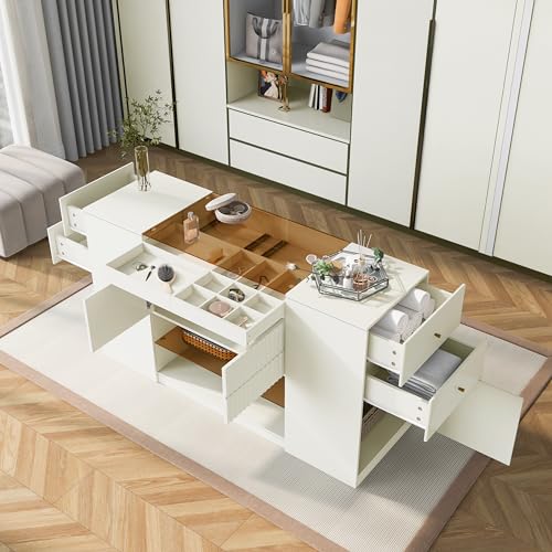 Wardrobe Armoire Bedroom Island with Glass Top, Glass Display Shelf & 6 Drawers, Wooden Closet Storage Cabinet with Open Shelves for Bedroom, Shops