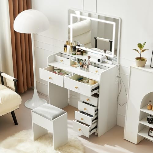 Vanity Desk with Mirror and Lights, Makeup Vanity Table with Drawers, Storage Stool