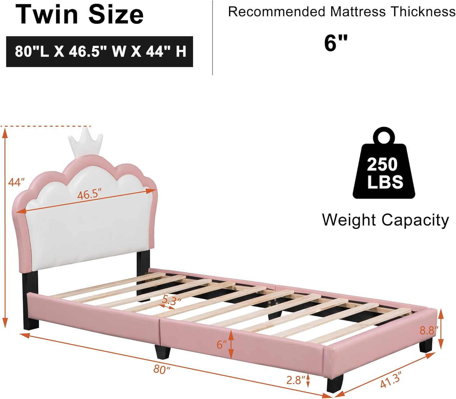 Bellemave Twin Size Princess Bed Frame with Crown Headboard, PU Upholstered Princess Twin Bed for Girls,Kids Twin Platform Bed,(Twin,Pink)