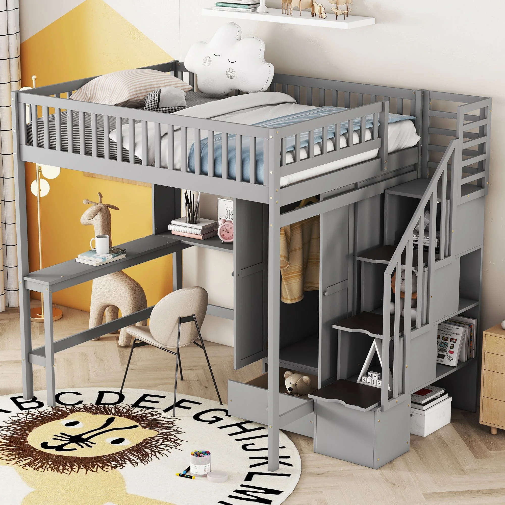 Full size Multifunctional High Loft Bed with Under-bed Desk, Shelves and Wardrobe, Sturdy Wooden Loftbed Frame with Bookshelf