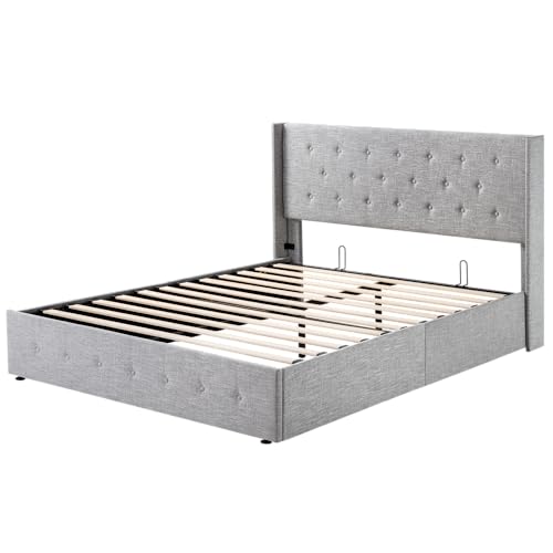 Allewie Full Size Lift Up Storage Bed, Modern Wingback Headboard, Hydraulic Support, No Box Spring Needed, Light Beige