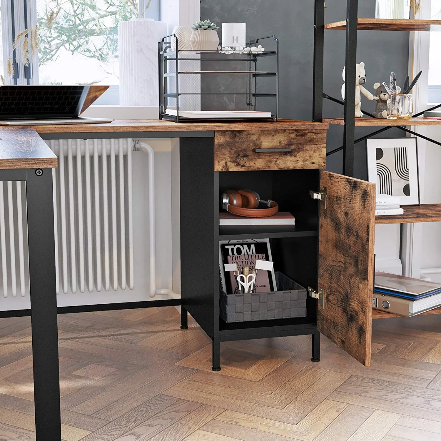 L-Shaped Computer Desk with Cabinet and Drawer  Corner Desk  Study   Office  Space-Saving  Steel  Industrial  53.9 x 59.1 x 29.5 Inches  Rustic Brown