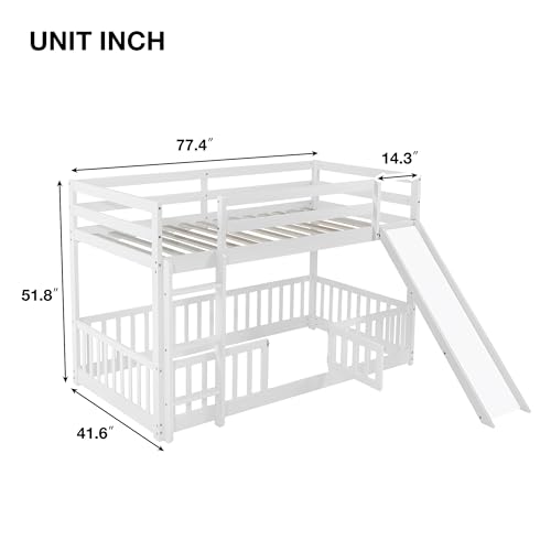 Bunk Beds Twin Over Full Size, Pine Solid Wooden Bunk Bed with Slide, Storage Staircase, Safety Guardrails for Kids, White