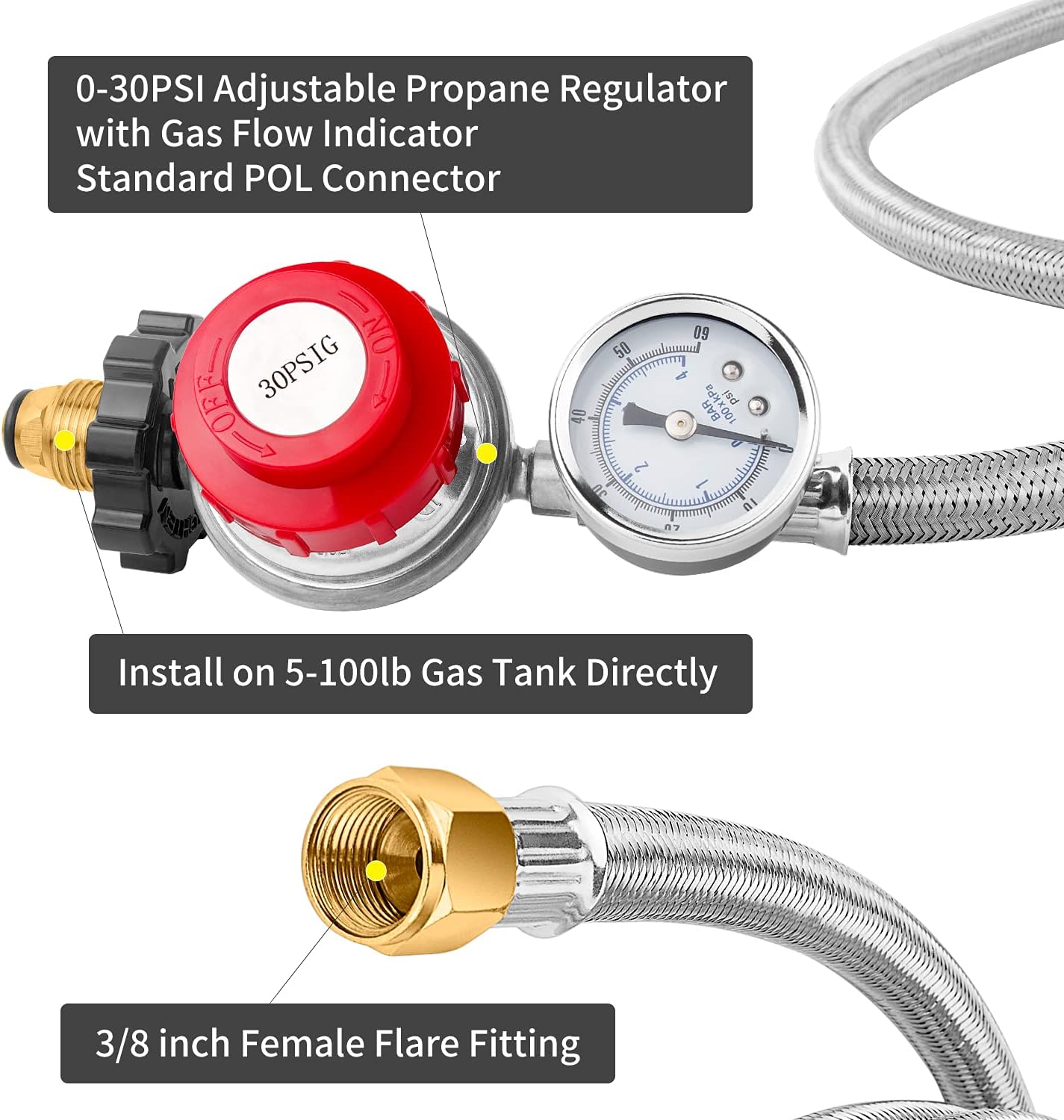 12 Foot High Pressure Adjustable Propane Regulator 0-30 PSI with Gauge 0~60PSI Gas Flow Indicator