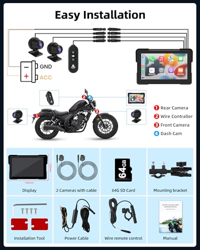 Motorcycle CarPlay & Android Auto 7 inch Motorcycle DVR Wireless Carplay Screen for Moto with Dual 2K Cameras GPS Navigation for Motorbike