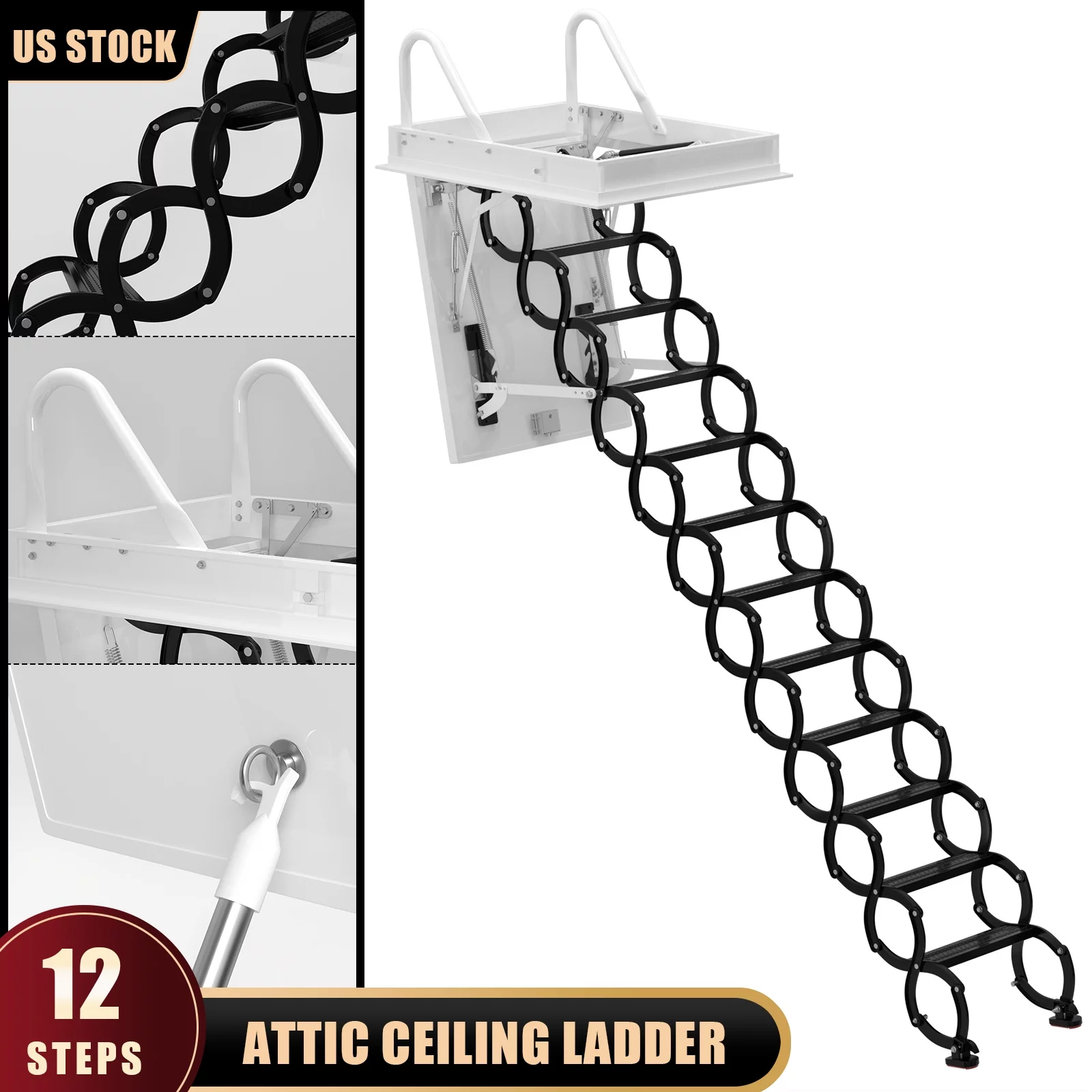 Motor Genic 12 Steps Black Loft Wall Folding Pulldown Attic Ceiling Ladder Stairs 39.4*27.6"