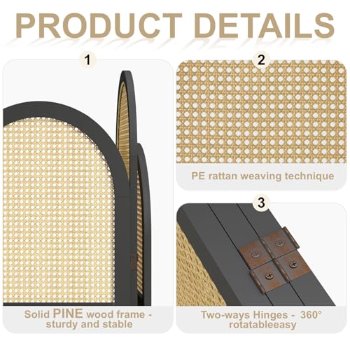 Room Divider and Folding Privacy Screens, Pine Wood 5.6 Ft Double Hinged Rattan Partition Freestanding Wall Room Divider for Home - 3 Panels
