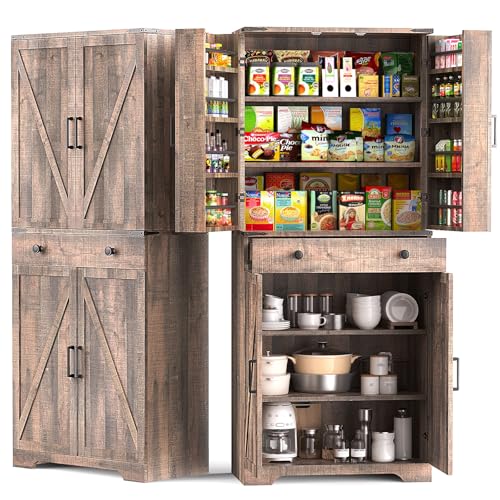72" Tall Farmhouse Kitchen Pantry Cabinet, Large Storage Cabinet with 6 Adjustable Shelves, 4 Barn Doors & Drawer for Bathroom, Dining Room, Brown