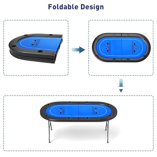 COLOR TREE Foldable Blackjack Poker Table, 84" Premium Texas Hold'em with Cup Holders, Padded Rails, Stylish Blue Design