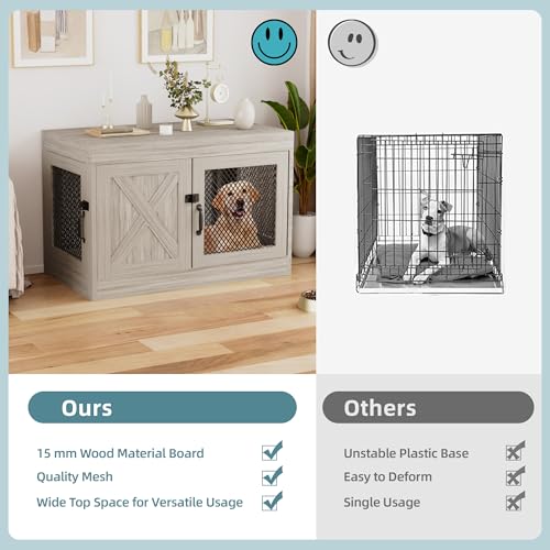 Xilingol Corner Dog Crate Furniture with Double Doors, 36 Inch Wooden Dog Kennel End Table Indoor with Mesh, Cage/House for Small Medium Large Dog