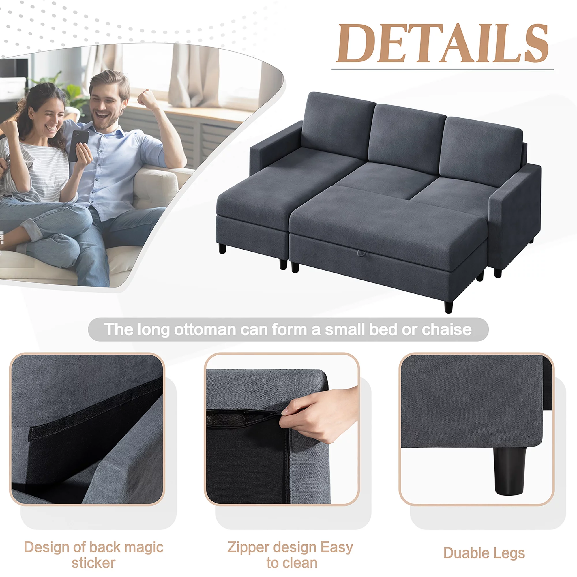 Convertible Sectional Sofa Couch with Storage Ottoman, L-Shaped Wide Reversible Chaise with Linen Fabric(Deep Grey) - Radiant Selections
