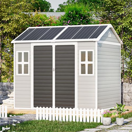 Outdoor Resin Storage Shed with Floor 8x6x7 FT Waterproof Wider Door Outside Plastic Sheds Kit for Backyard Garden Patio Lawn Tools, Gray