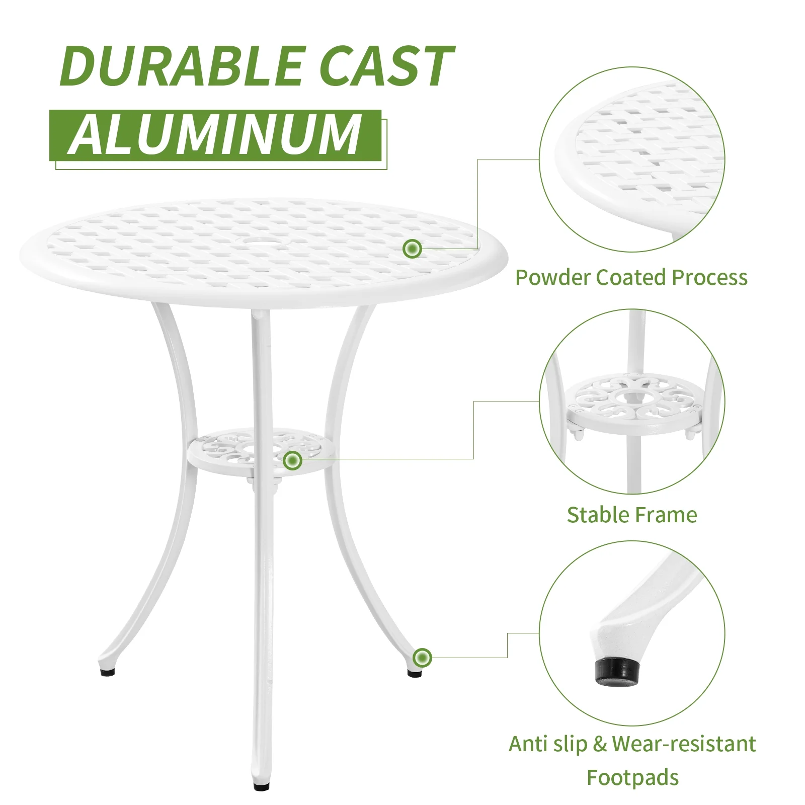 PATIO-IN 3 Piece Patio Set Outdoor Patio Furniture Set Cast Aluminum Bistro Table and Chairs Set of 2 with 1.97"Umbrella Hole for Garden,Yard,White