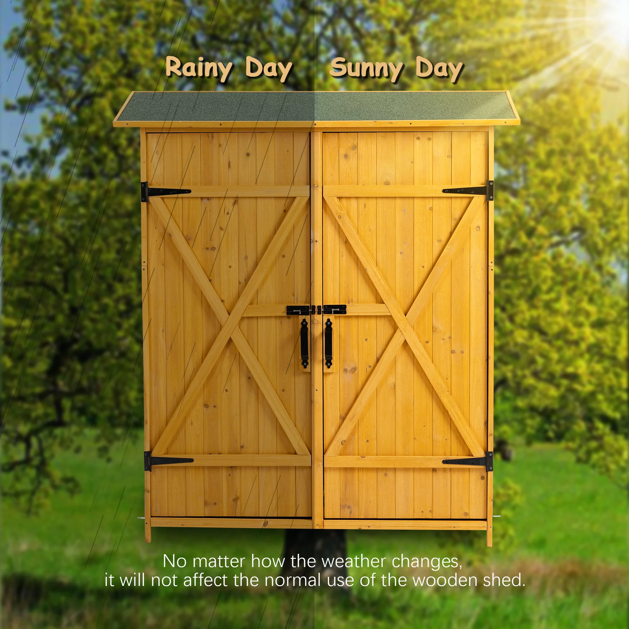 CASEMIOL Patio Storage Shed with Detachable Shelves and Hooks, Outdoor Wood Shed with Waterproof Pitch Roof, Backyard Shed with Lockable Door