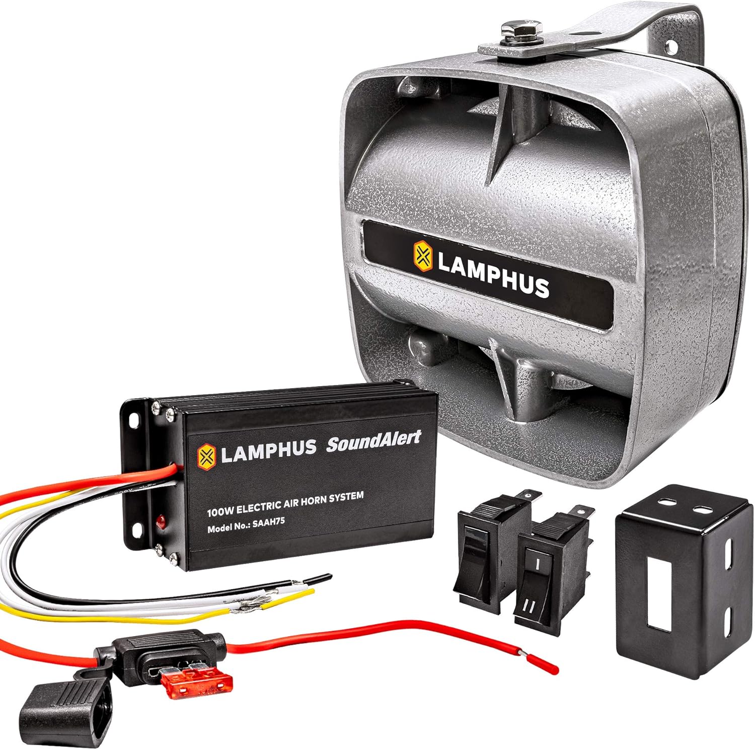 LAMPHUS SoundAlert 12V 100W Electric Police Air Horn Kit [Slim Speaker] [118-124dB] [Hands-Free] Train Truck Police Siren Horn for Vehicles Truck UTV