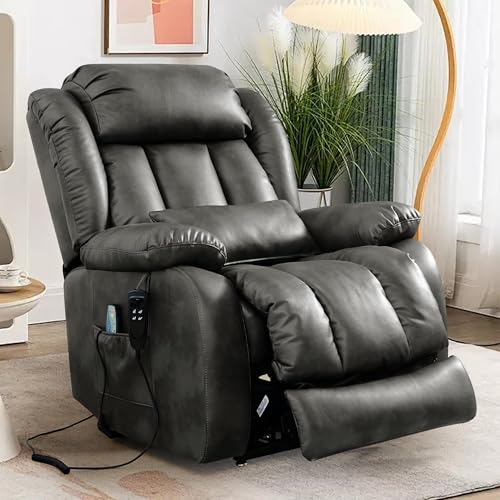 EDILLY Large Genuine Leather Power Lift Recliner Chairs for Elderly, Dual Motor with Massage and Heating,Double Lumbar Cushion and Extended Footrest