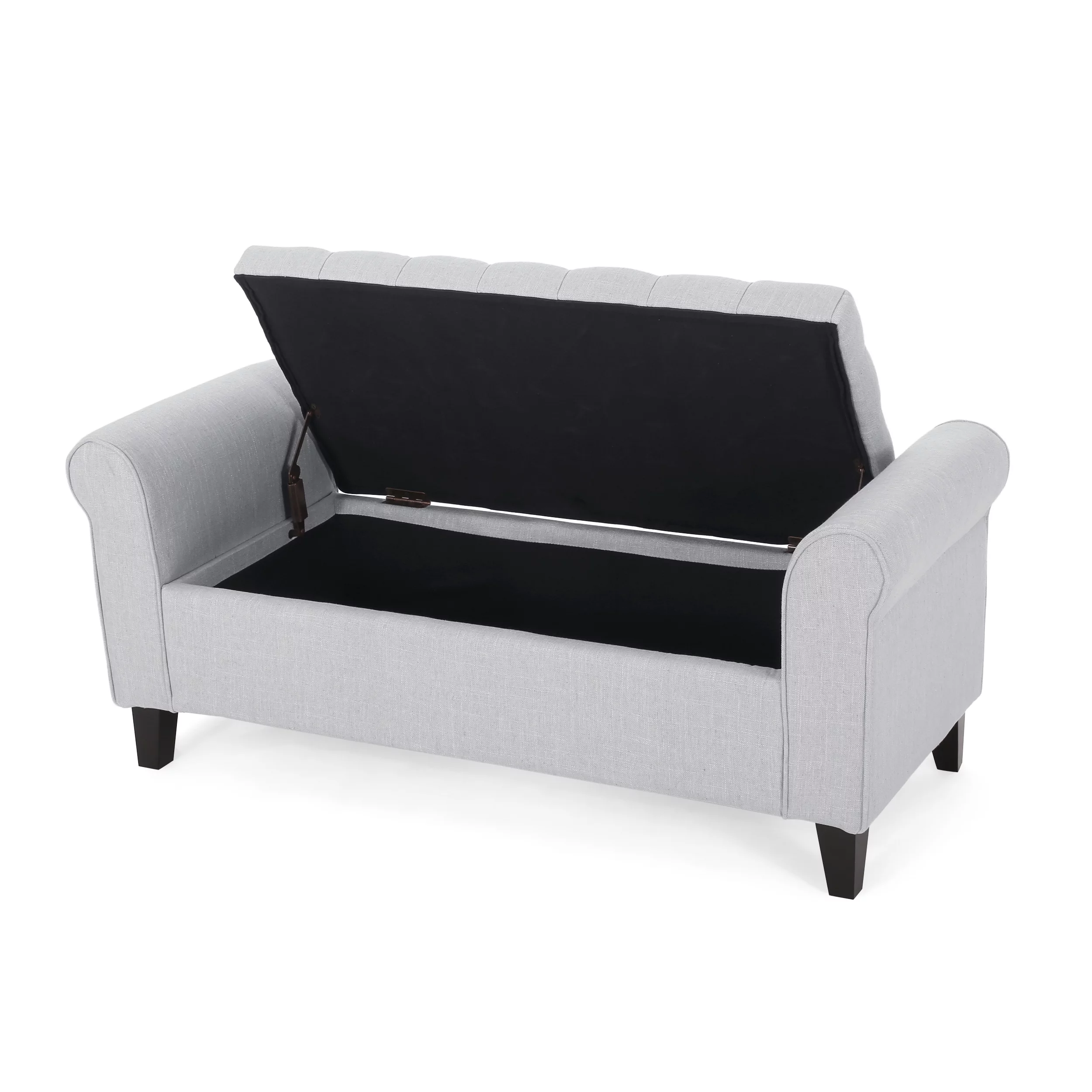 Noble House Sheffield Contemporary Rolled Arm Fabric Storage Ottoman Bench, Light Gray and Dark Brown - Radiant Selections