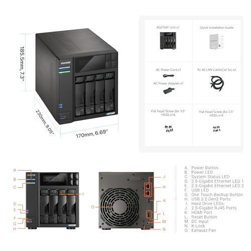 Asustor Lockerstor 4 Gen2 - AS6704T | 4-Bay NAS, Quad-Core 2.0GHz Processor, 4 M.2 NVMe Slots (PCIe 3.0), Dual 2.5GbE, Expandable to 10GbE