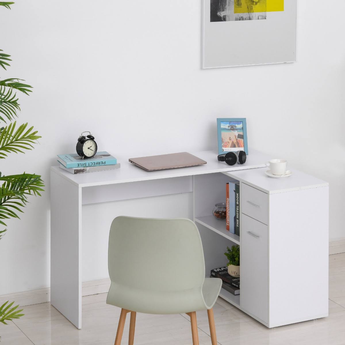 Homcom L Shaped Computer Desk Workstation with Storage Shelves and Cabinet for Home u0026 Office - White