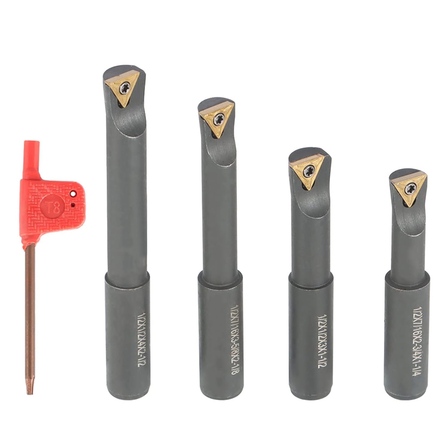 findmall 4Pcs 1/2 Shank Boring Bars Set,90 Degree with Indexable Carbide Inserts TCMT21.51(TCMT110204),1-1/4 to 2-1/2Boring Depth,7/16 to 1/2Min Bore