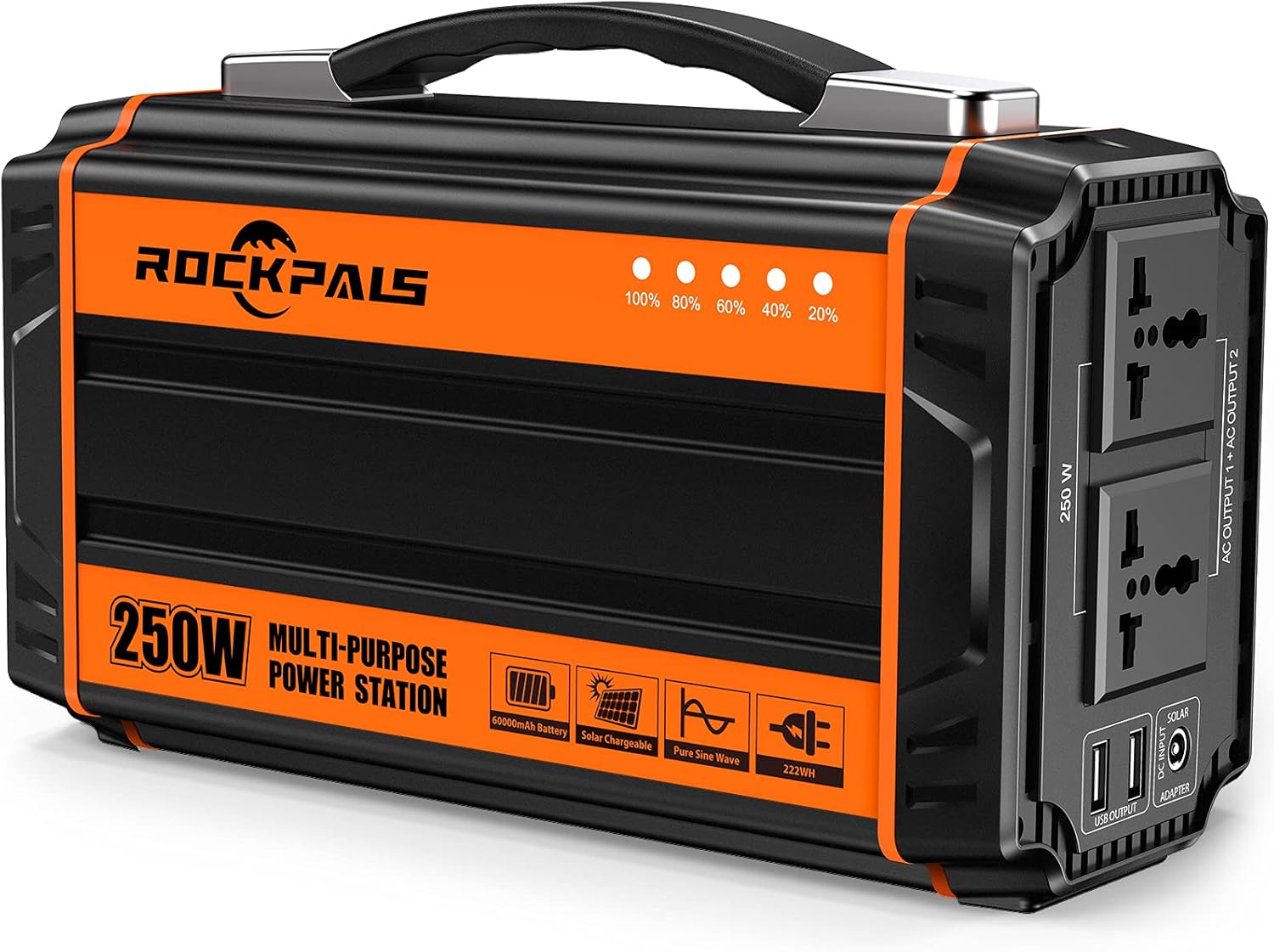 ROCKPALS 250-Watt Portable Generator Rechargeable Lithium Battery Pack Solar Generator with 110V AC Outlet, 12V Car