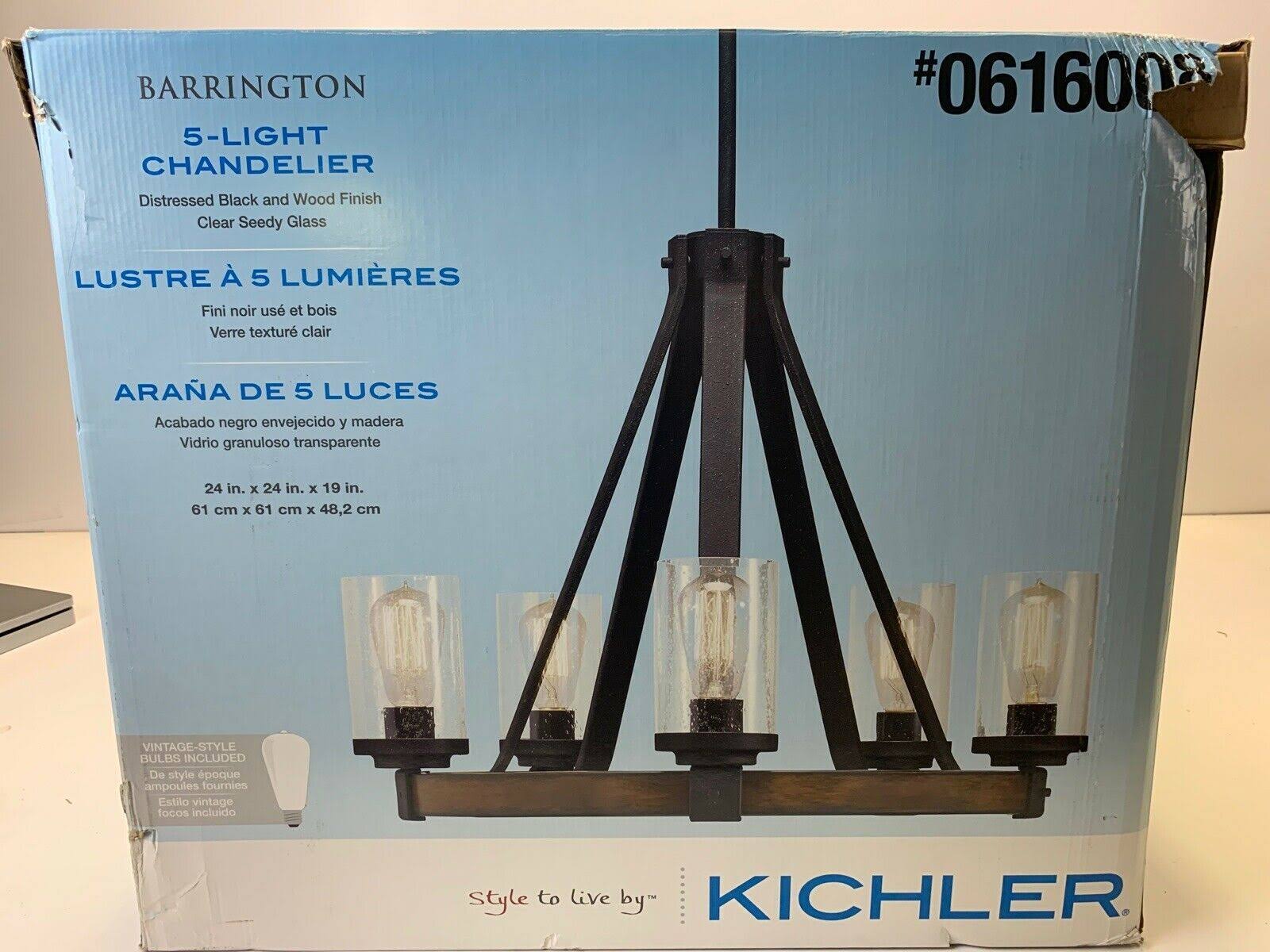 Kichler Barrington 5-Light Distressed Black and Wood Tone Rustic Clear Glass Candle Chandelier