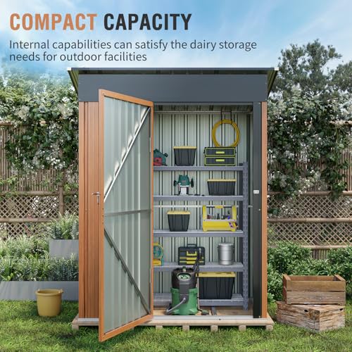 Outdoor Storage Shed, 5x3 Ft Metal Steel Tiny House with Lockable Door, Vertical Outside Storage Building for Garden, Backyard, Lawn, Patio Utility