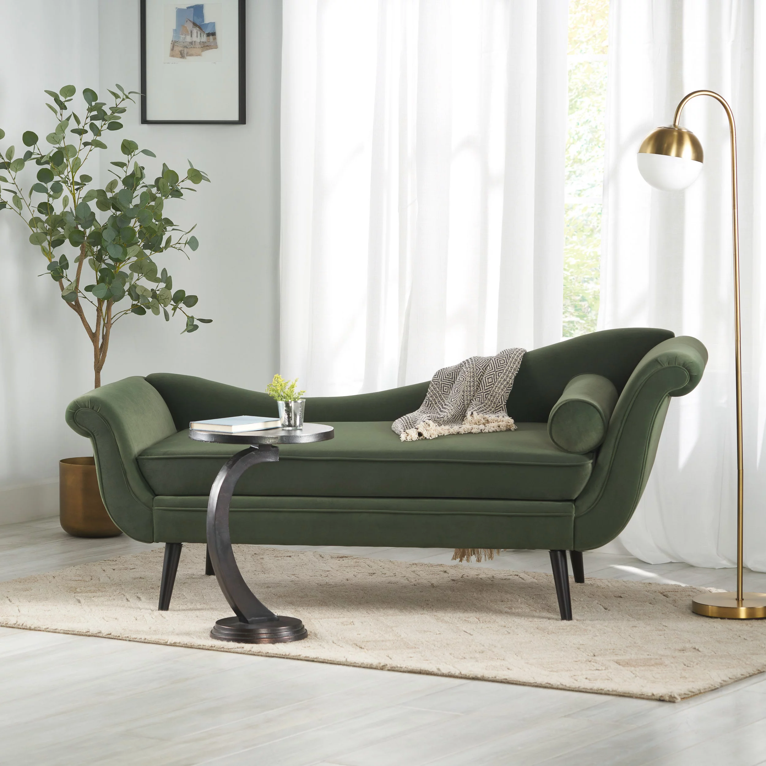 Noble House Xane Indoor Fabric Chaise Lounge With Bolster Pillow, Sage Green