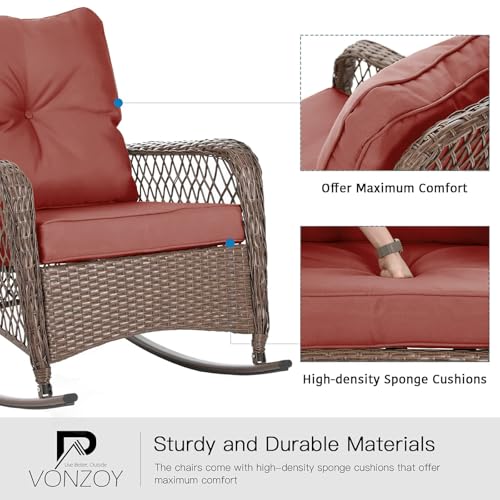 Patio Furniture Set 3 Pieces, Wicker Rocking Bistro Set with Thick Cushions, Outdoor Rocker Chairs and Coffee Table for Porch