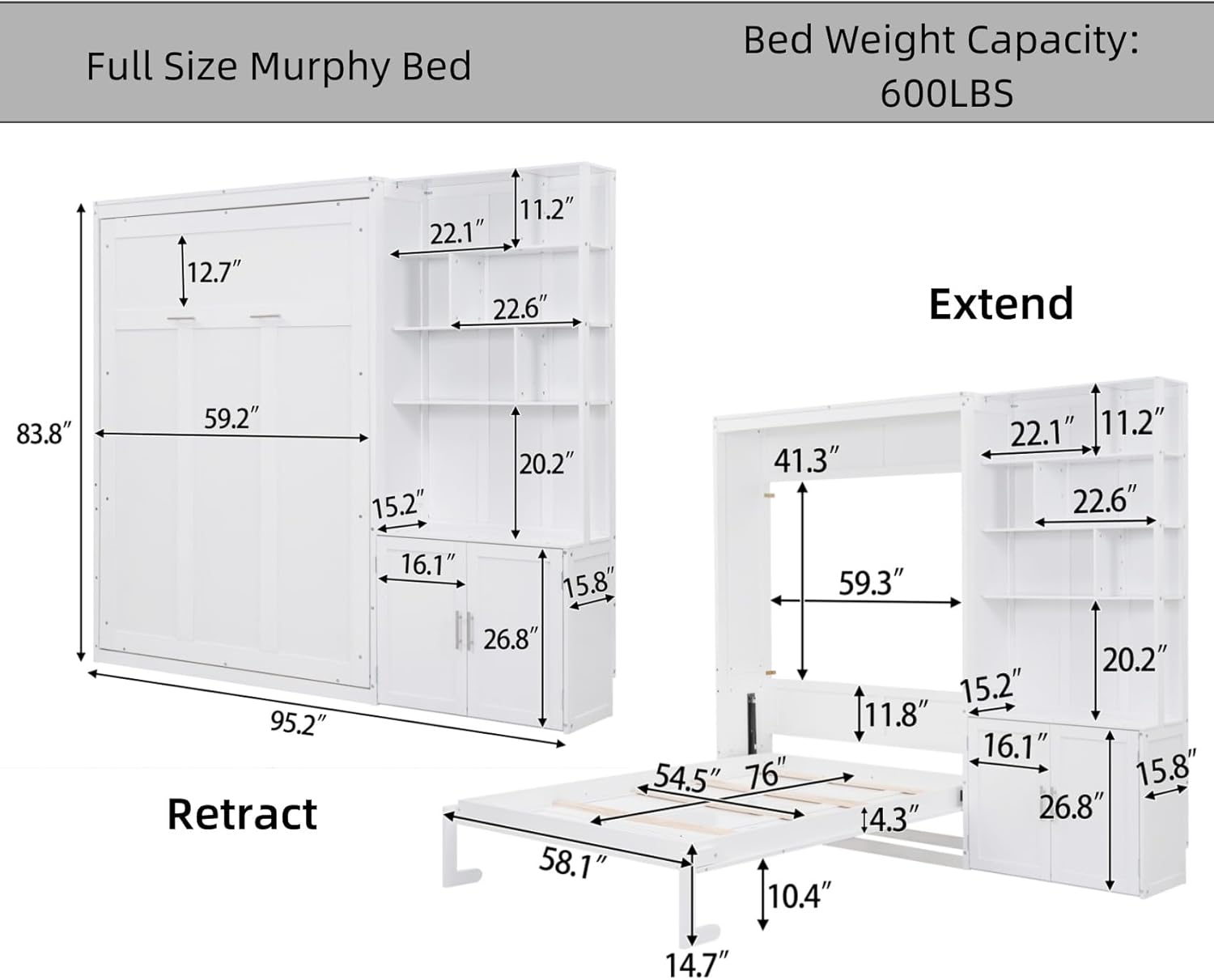 Merax Full Size Murphy Bed Cabinet with Multiple Storage Shelves, Wood Foldable Hidden Wall Platform Bedframe Chest for Home, Bedroom, Office