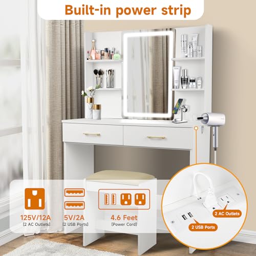 Vanity Set with Lights and Stool, Vanity Desk with Mirror and Lights，Vanity Power Outlet,Vanity Desk with Drawers