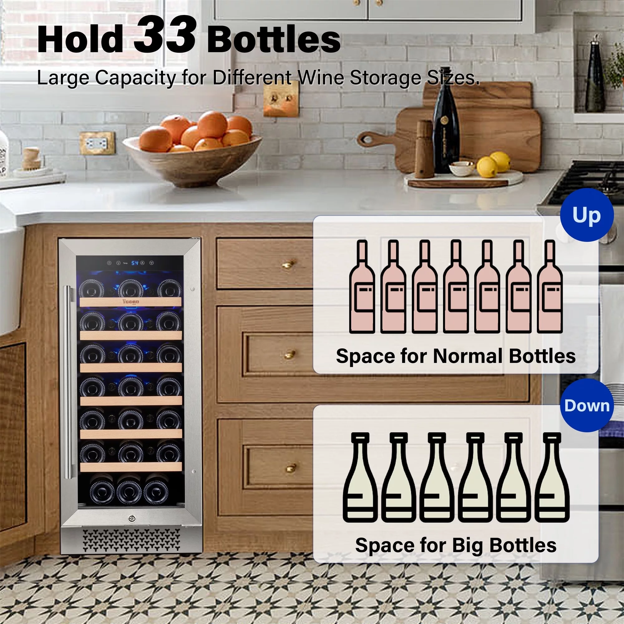 Yeego 15" Wine Cooler Refrigerator,33 Bottle Dual Zone Wine Fridge with Stainless Steel Tempered Glass Door,Freestanding and Built-in