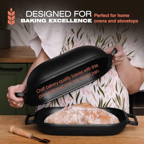 KUHA Cast Iron Bread Pan with Lid + Bread Lame - Black Heavy Duty Cast Iron Loaf Pan for Homemade Breadmaking - Pre-seasoned Bread Oven