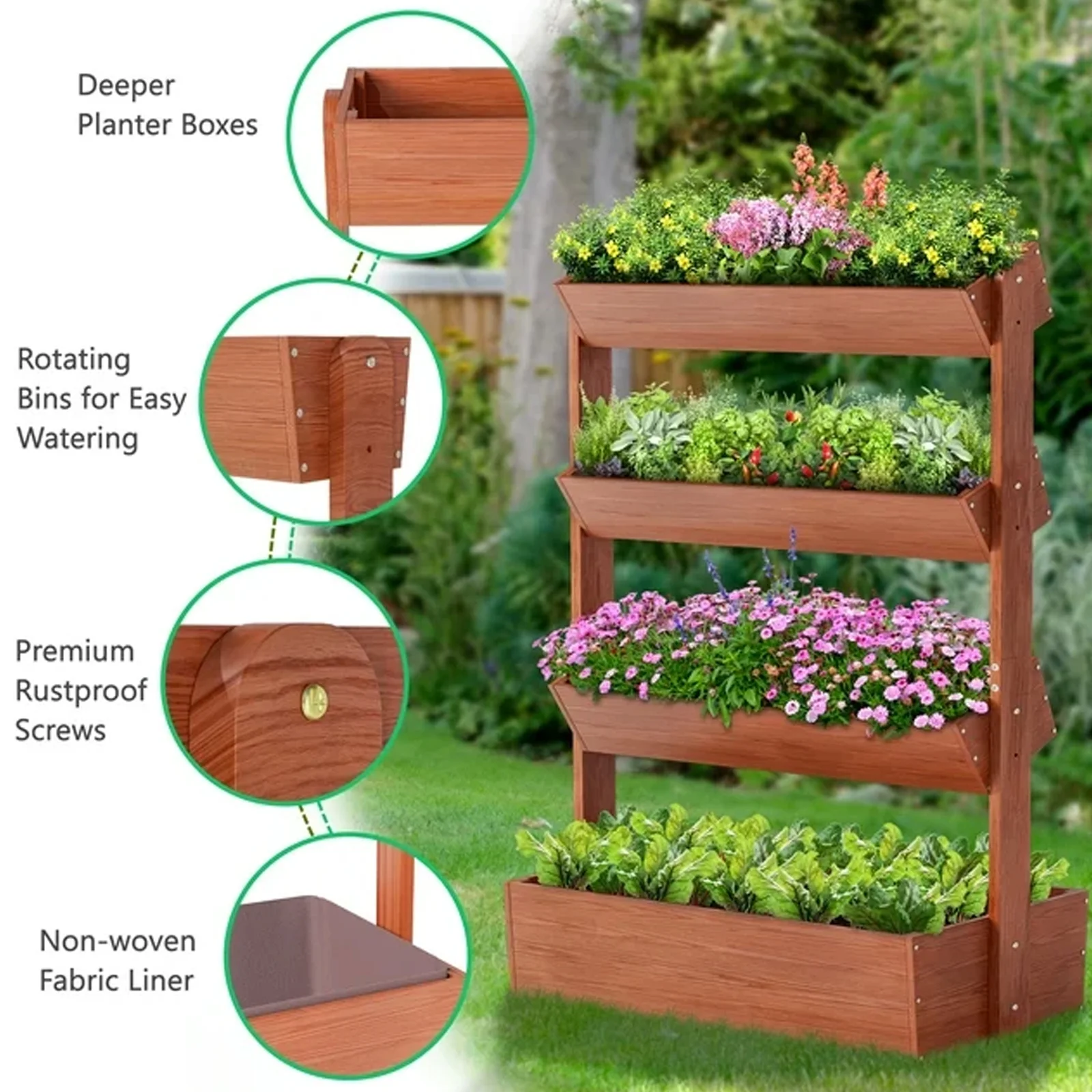 NAIZEA 4 Tier Vertical Wooden Garden Bed, Freestanding Outdoor Planter Box, Plant Planter