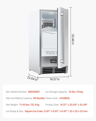 VEVOR Under Counter Ice Maker Machine, Crescent Ice, 25 Lbs/Day Stainless Steel Built in Ice Maker with Reversible Door