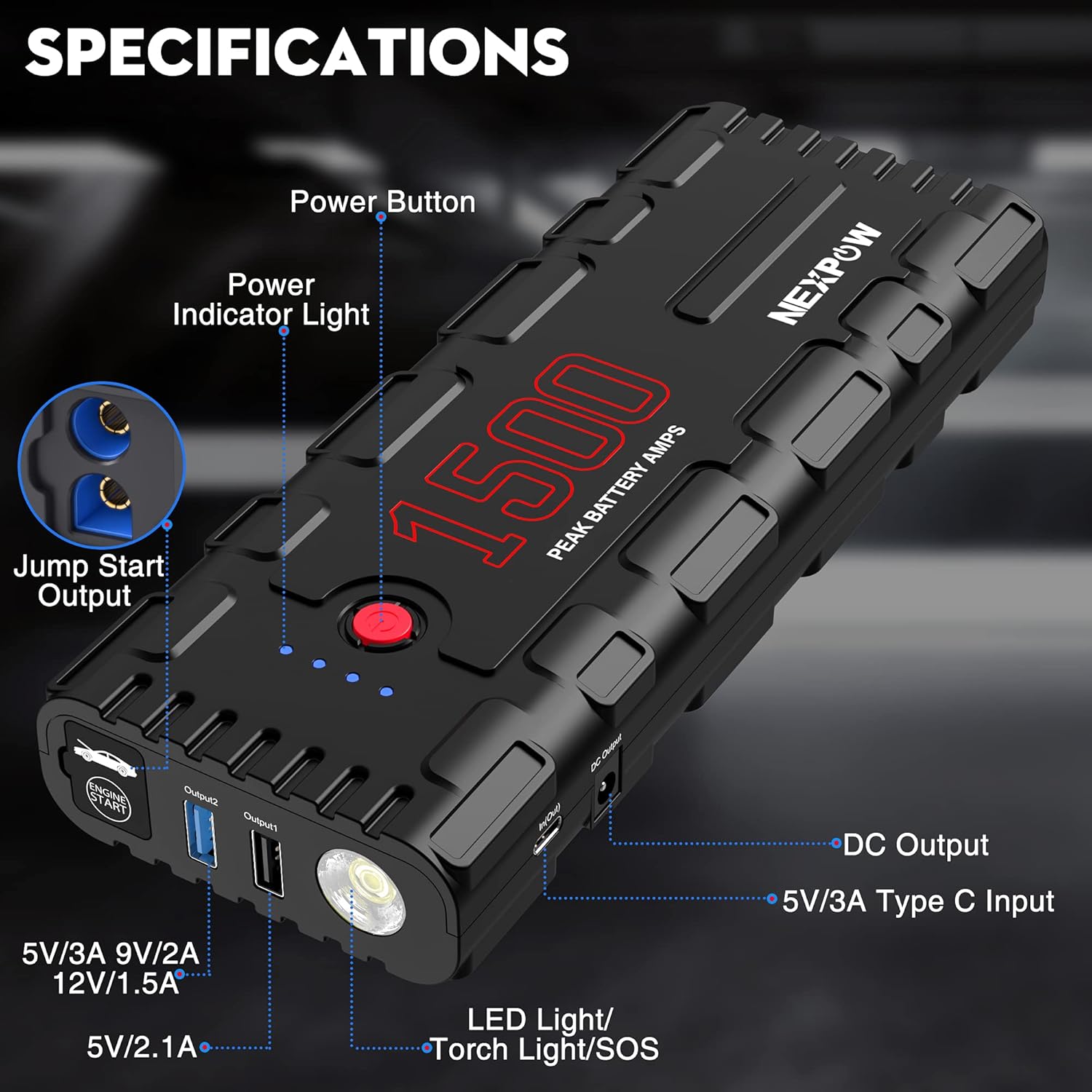NEXPOW Car Jump Starter, 21800mAh 12V Portable Car Battery Starter, Auto Battery Booster, Lithium Jump Box with LED Light/USB Quick Charge 3.0