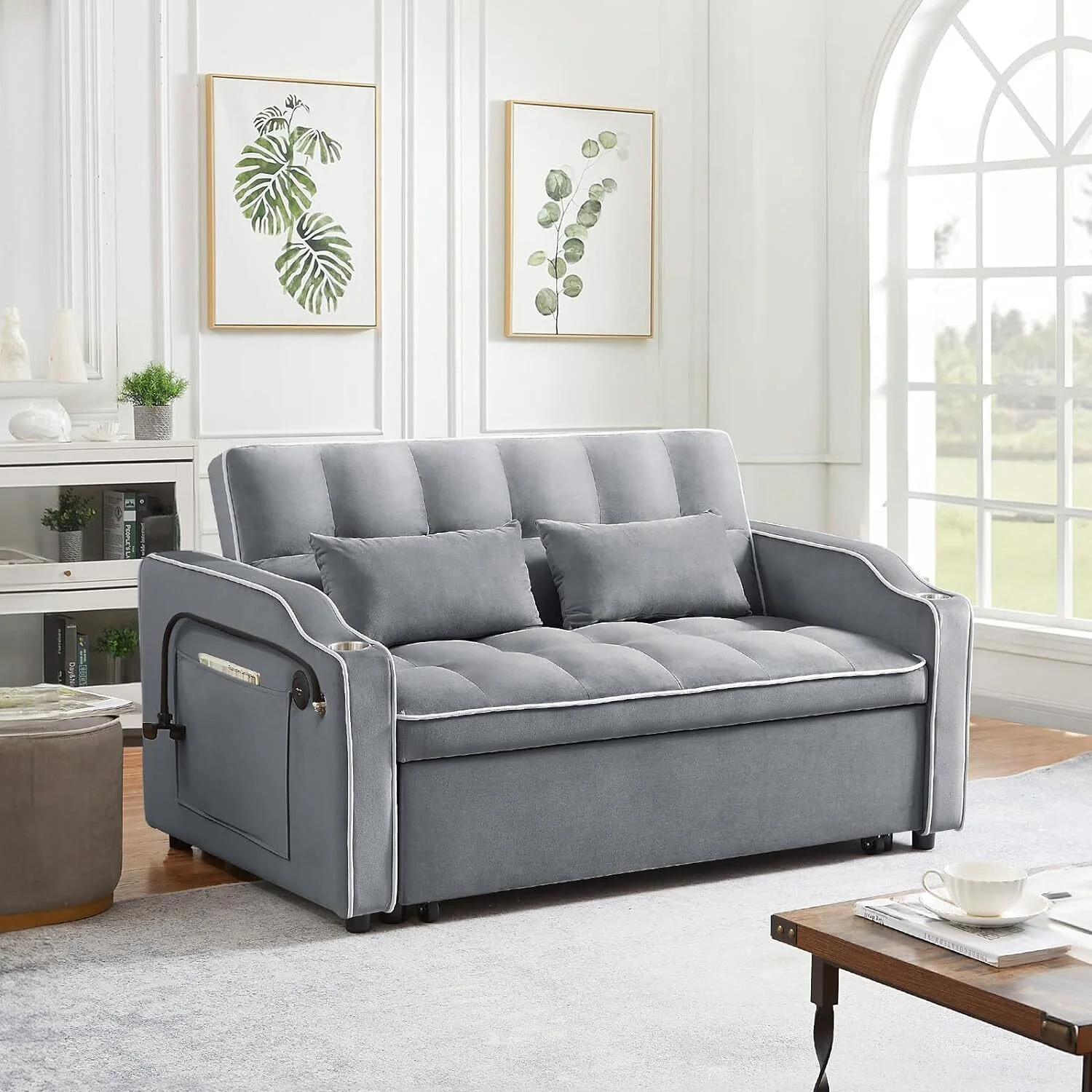 Convertible Sofa Bed with Pull Out Bed - 55" Tufted Velvet Loveseat Sleeper Sofa Adjustable Back with USB Port Ashtray Swivel Phone Stand