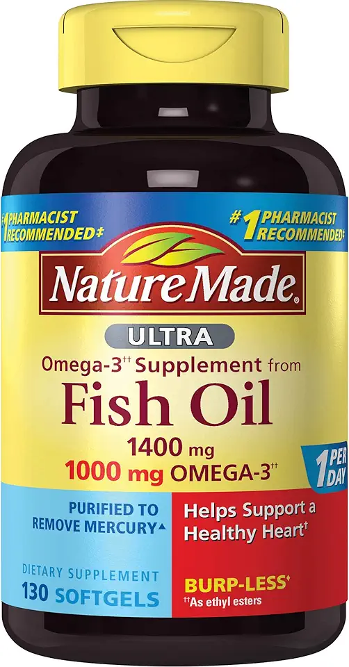 Nature Made Ultra Omega-3 Burpless Fish Oil 1400 mg Softgels w. Omega 3 1000 mg, 130 Count - Kansas Nuitrition - HNZSDS