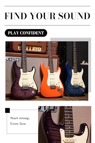 AKLOT Stryde Electric Guitar with Coil-Split: Roasted Maple Neck, Flame Maple Graphic Top, HSS Ceramic Pickups, Beginner Guitar Kit with 10W Amp