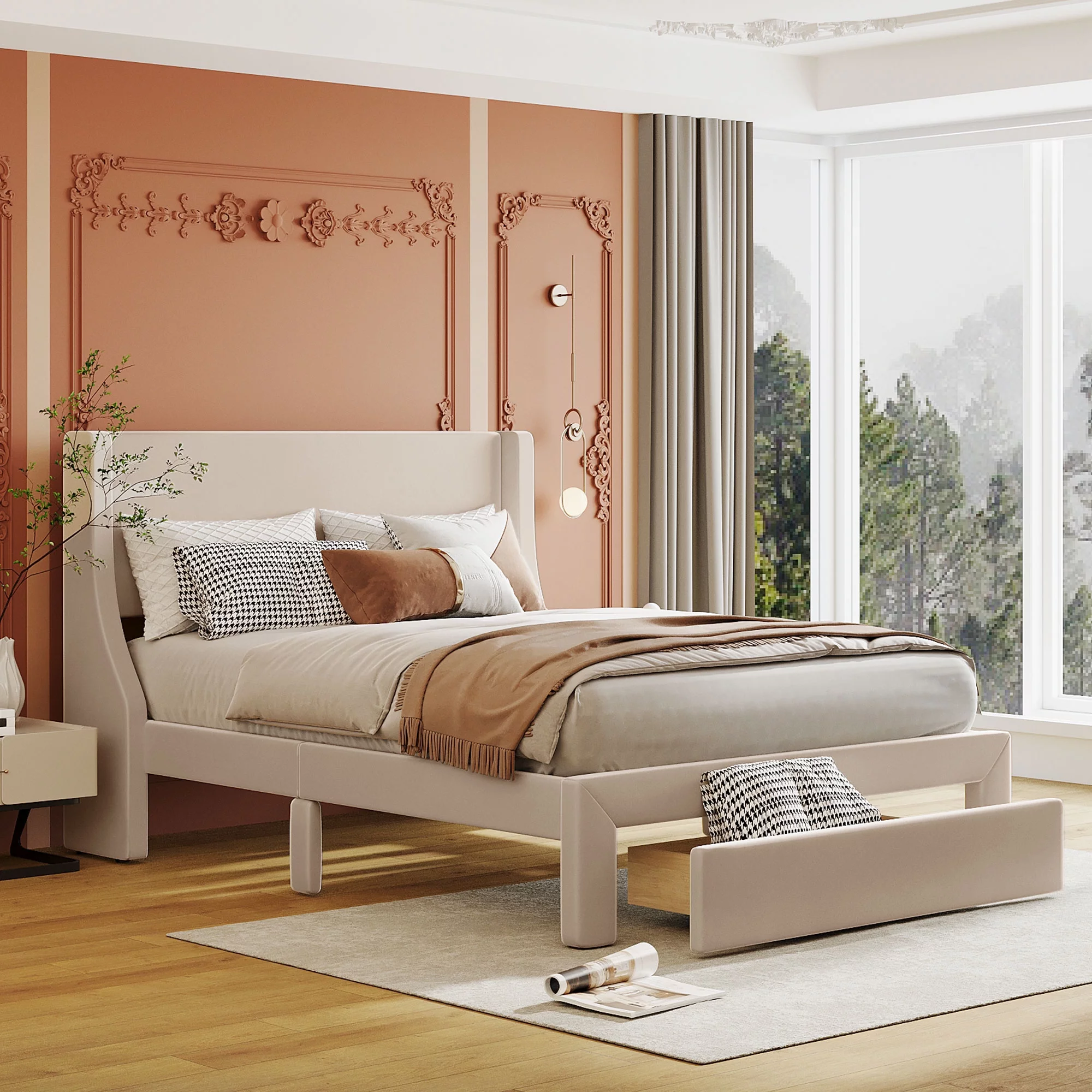 Sesslife Full Bed Frame with Storage, New Upgraded Velvet Upholstered Platform Bed with Headboard and A Big Drawer, No Box Spring Needed