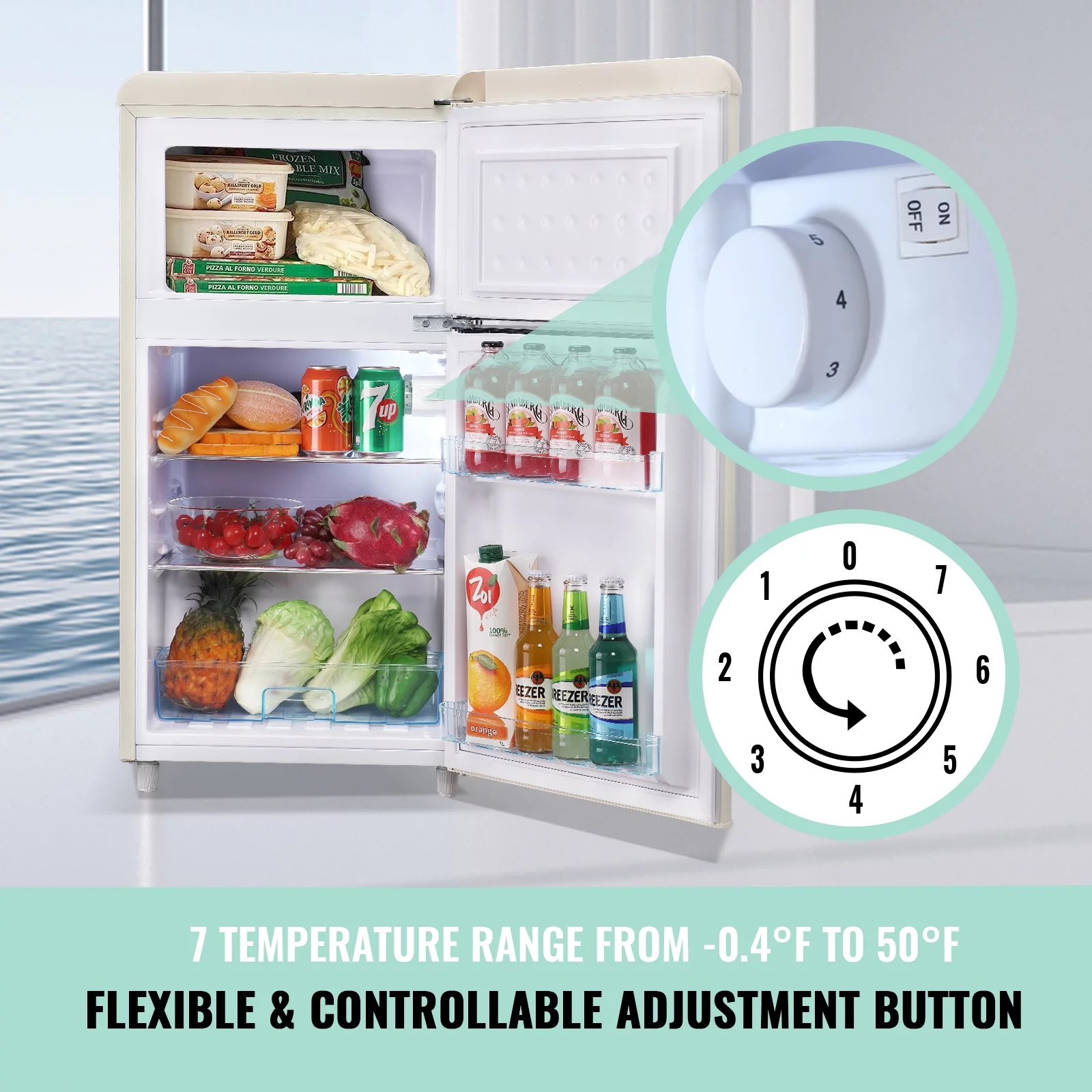 DEMULLER Mini Refrigerator Dual Door Fridge with Handle 7 Speed Temperature Control YX-100-Black