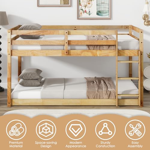 Bunk Bed Twin Over Twin, Wood Low Profile Floor Twin Bunk Beds with Ladder Guardrails for Kids Boys and Girls, No Box Spring Needed