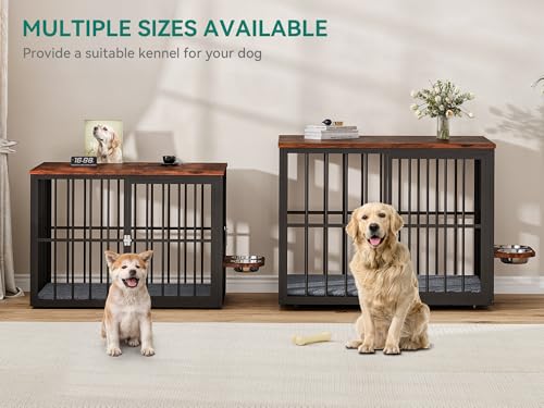 YITAHOME 88.6" Large Corner Dog Crate Furniture for 2 Dogs, Large Wooden Dog Kennel with Dog Bowls & 3 Doors