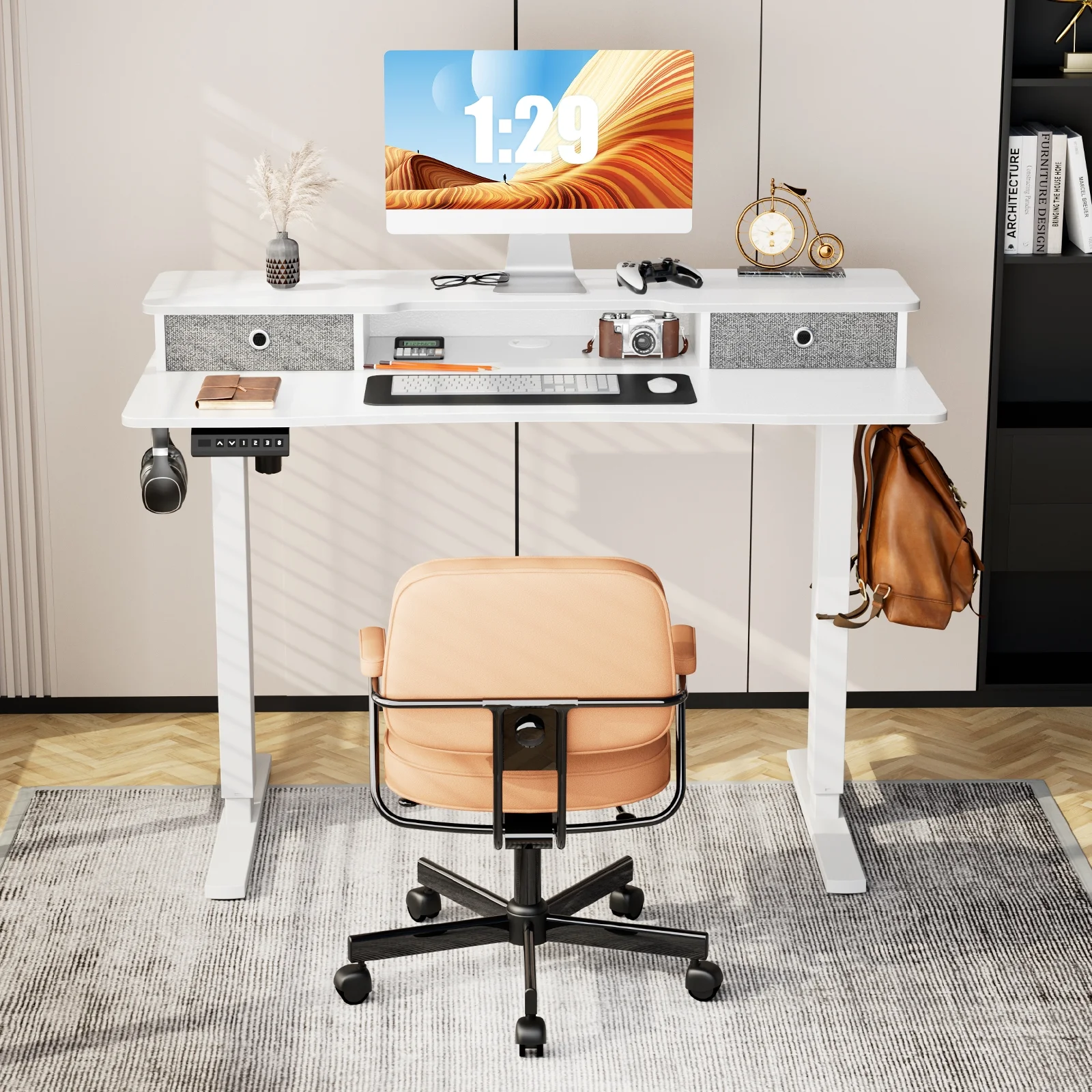 Sumdeal 55 x 24 Inch Height Adjustable Electric Standing Desk with Double Drawer, Stand Up Desk with Storage Shelf, Sit Stand Desk,White,55X24Inch