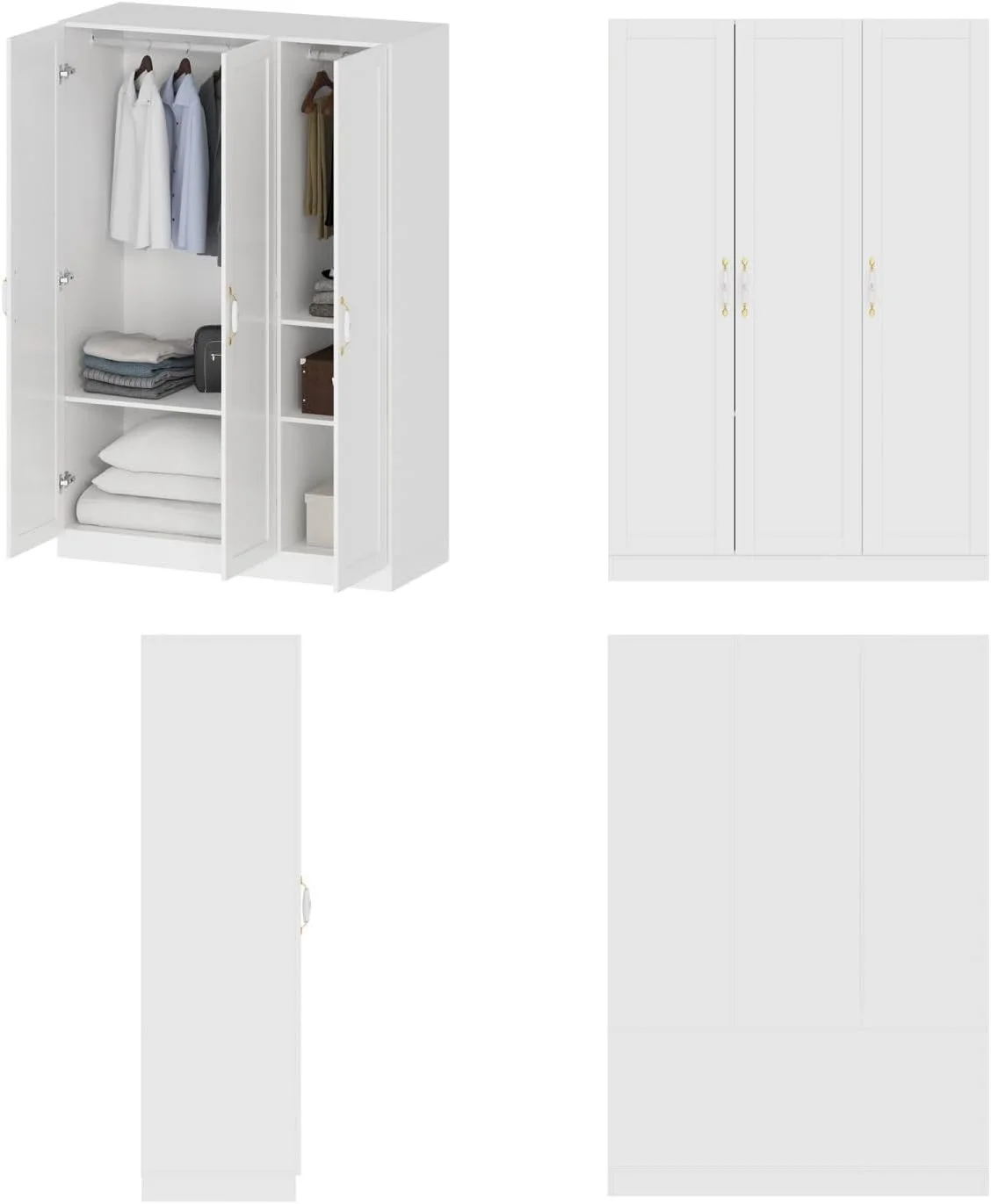 3 Door Wardrobe Closet with Ceramic Handles, Armoire Wardrobe Closet with Hanging Rod, Armoire with Shelves