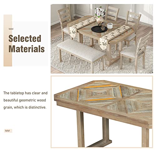 Merax 6-Piece Rubber Wood Dining Table Set with 4 Cushioned Chairs and Bench, Beautiful Grain Pattern Tabletop, Light Gray