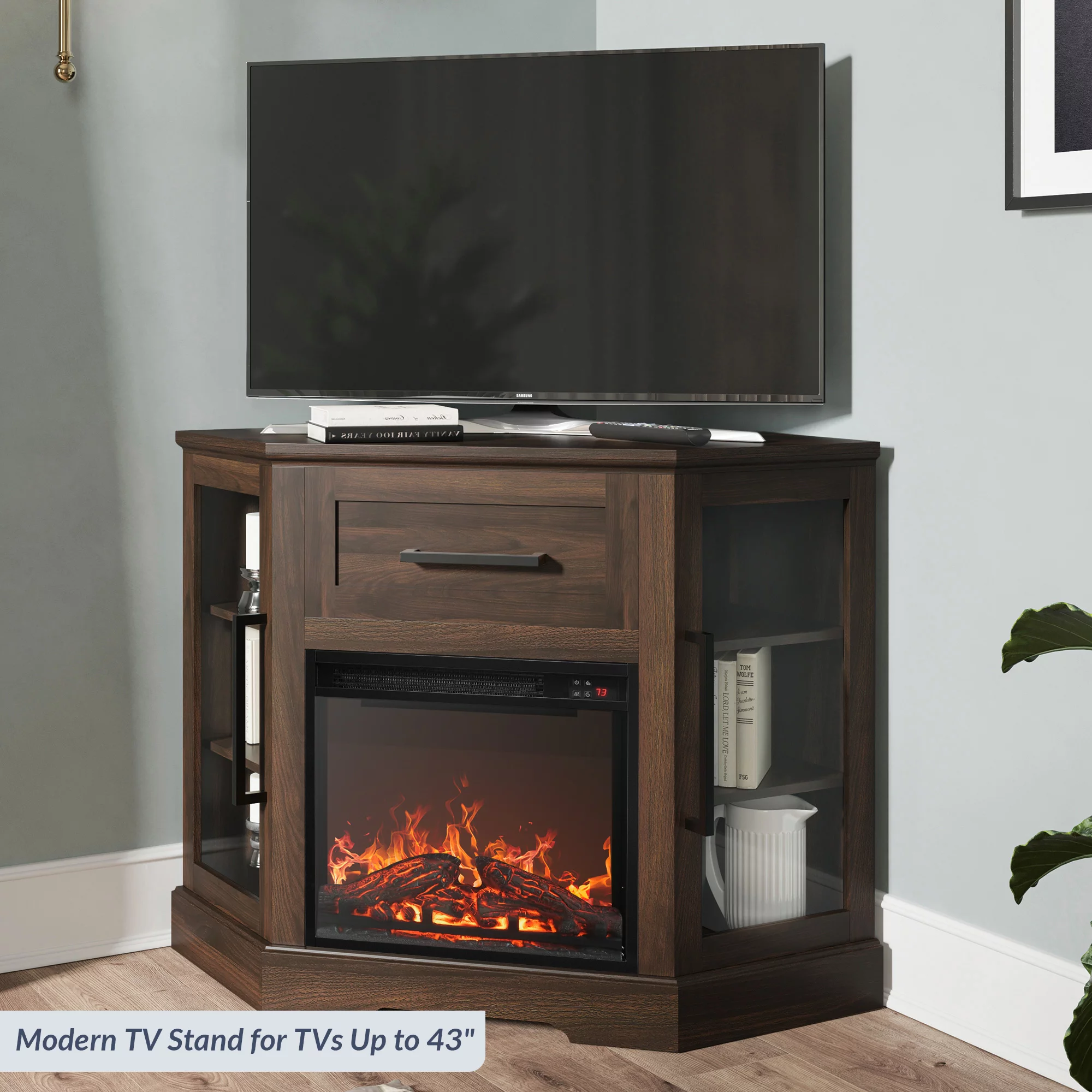 BELLEZE 43" TV Stand with 18" Electric Fireplace, Fireplace TV Stand for TVs up to 43", Modern Corner Wood Entertainment Center with Storage