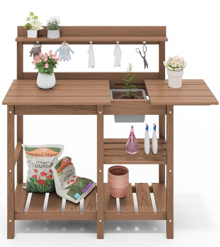 SERWALL Potting Bench Outdoor Potting Table with Sink, HDPE Potting Benches for Outside Gardening Table All Weather Use- Black