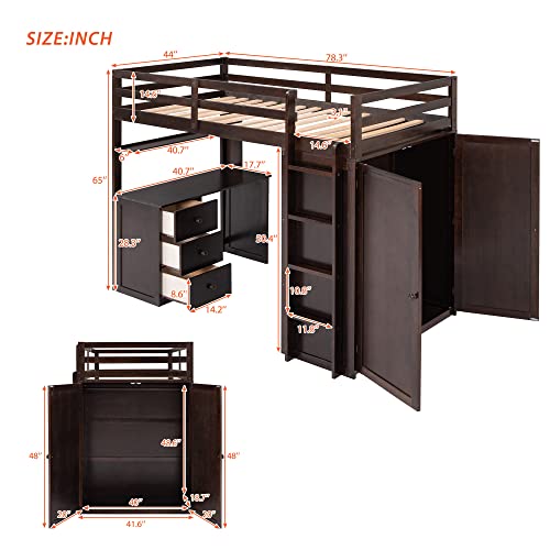 Harper & Bright Designs Full Size Loft Bed with Desk and Wardrobe, Solid Wood Loft Bed Frame with Storage Drawers, for Kids Teens Adults (White)